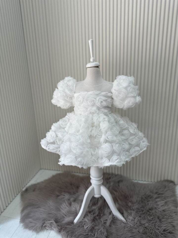 Rose Beyaz ( Ekru) Güllü Abiye Elbise