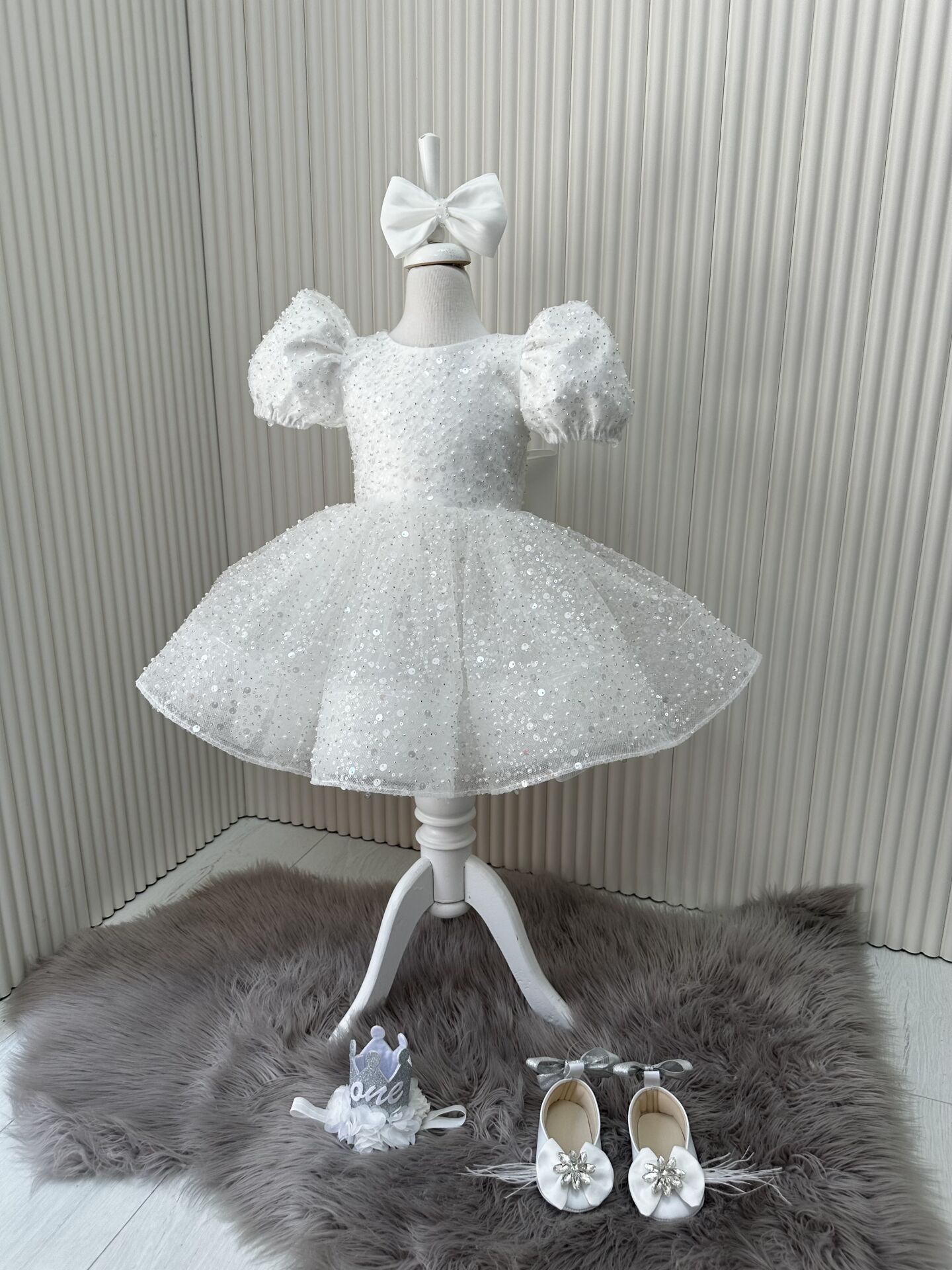 Laurel Beyaz Pırıltılı Karpuz Kollu Abiye Elbise