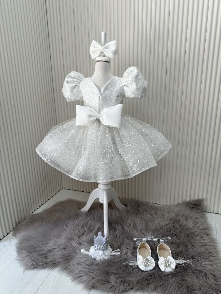 Laurel Beyaz Pırıltılı Karpuz Kollu Abiye Elbise