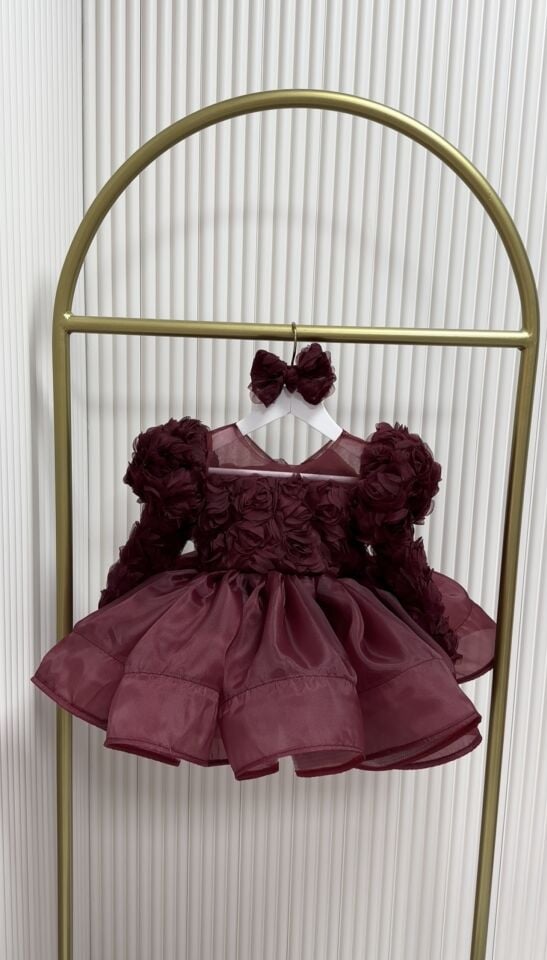 Güllü bordo uzun kol abiye elbise