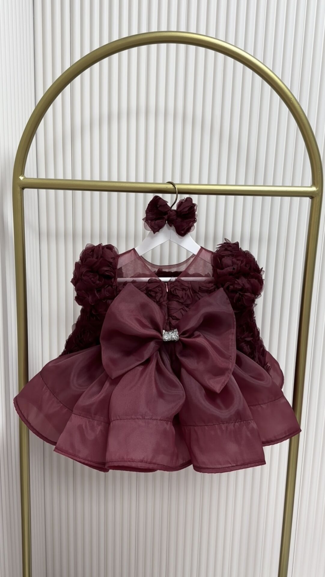 Güllü bordo uzun kol abiye elbise