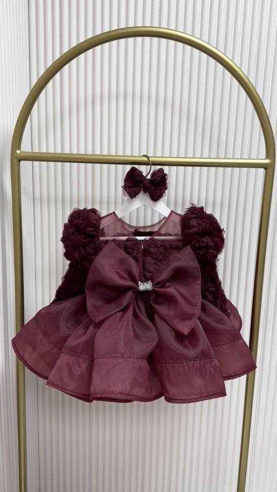 Güllü bordo uzun kol abiye elbise